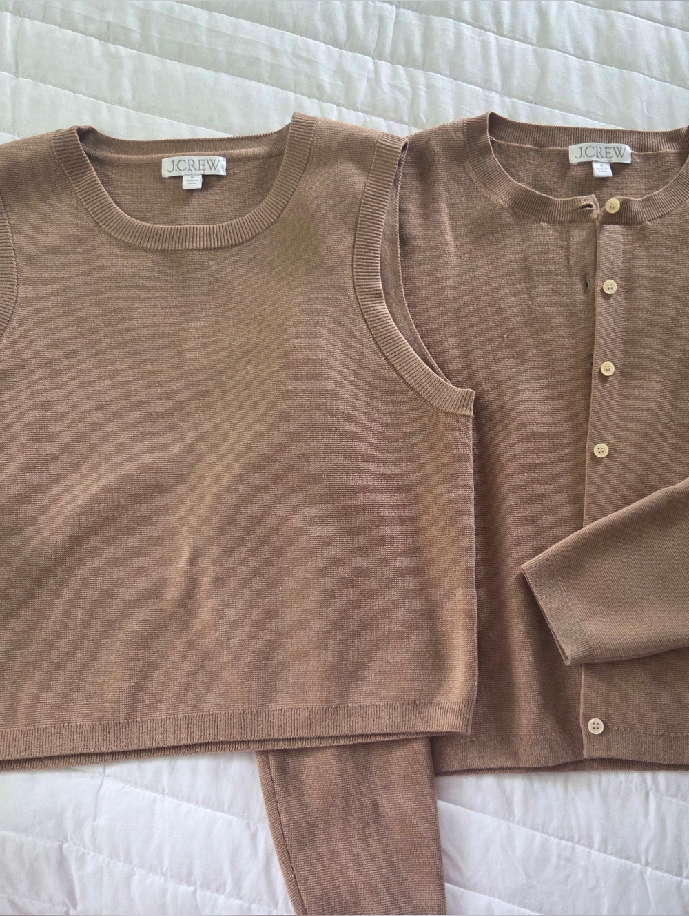 J. Crew Camel Brown Knit Shell and Button Cardigan Set